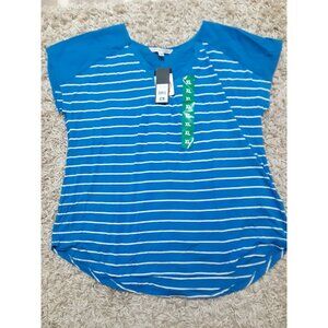 NEW NWT Blue Womens Adrienne Vittadini Striped V-neck Short Sleeved Blouse XL